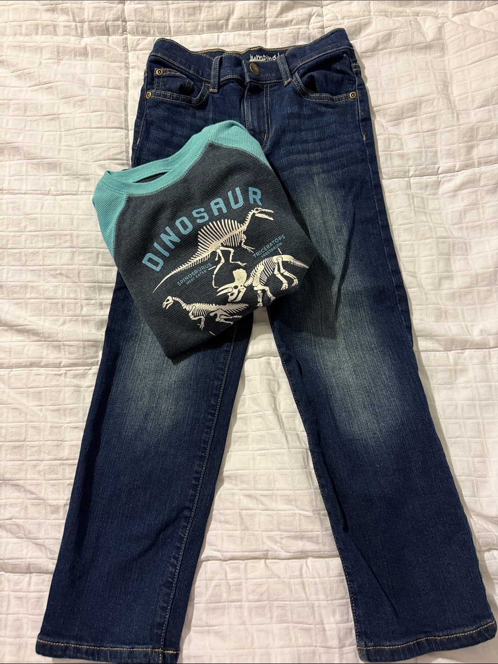 jumping beans Dark Blue Jeans with Teal-Accented Dinosaur Top